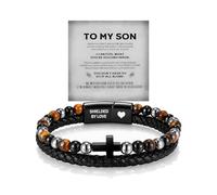 DIOWUS The Guardian - Son's Tiger Eye Protection Bracelets For Men, Leather Black Beaded Bangle Engarved With Love You Forever Cuff Jewelry Gift for Birthday Christmas, Adjustable, Leather, no