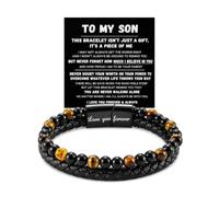 DIOWUS The Guardian - Son's Tiger Eye Protection Bracelets For Men, Leather Black Beaded Bangle Engarved With Love You Forever Cuff Jewelry Gift for Birthday Christmas, Adjustable, Leather, no