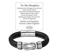 DIOWUS To My Daughter Love You Forever Bracelet, Mother and Daughter Braided Leather Inspirational Wristband Stainless Steel Infinity Knot Engraved Bangle Gift from Mom, Adjustable, Leather, no