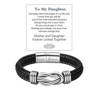 DIOWUS To My Daughter Love You Forever Bracelet, Mother and Daughter Braided Leather Inspirational Wristband Stainless Steel Infinity Knot Engraved Bangle Gift from Mom, Adjustable, Leather, no