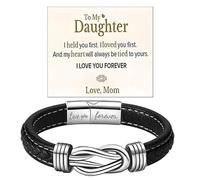 DIOWUS To My Daughter Love You Forever Bracelet, Mother and Daughter Braided Leather Inspirational Wristband Stainless Steel Infinity Knot Engraved Bangle Gift from Mom, Adjustable, Leather, no