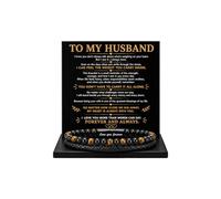 DIOWUS To My Husband Tiger Eye Bracelet, Leather Black Beaded Bangle Engarved With Love You Forever Cuff Bracelets Jewelry Gift for Birthday Christmas Anniversary, Adjustable, Leather, no gemstone
