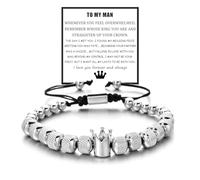 DIOWUS To My Man - Straighten Your Crown Bracelet Gift Set, Zircon Crown I Love You Bracelet Beaded Adjustable Stainless Steel Jewelry Anniversary Birthday Christmas Gifts for Men, 6 UK, Stainless