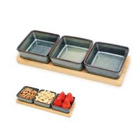 Dip Bowl Set with Bamboo Tray, Serving Bowls Set, 3 Compartments Ceramic Snack Bowls Set, Dip Bowls Set, Small Bowls as Sauce Bowls of Each Bowl: 150 ml (Green)