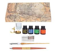 Dip Pen Kit with 10 Flat Round Nibs, Stainless Steel Calligraphy Pen Set with Ink Holder and Crystal Glass, Wooden Pen Holder for Writing Drawing Signature, Gift Box Packaging 24x1 (SP249045 fire