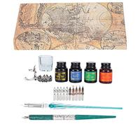 Dip Pen Kit with 10 Flat Round Nibs, Stainless Steel Calligraphy Pen Set with Ink Holder and Crystal Glass, Wooden Pen Holder for Writing Drawing Signature, Gift Box Packaging 24x1 (SP249035 dark