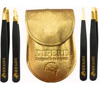 DIPERB Premium Eyebrow Tweezers Set - 4 Gold Precision Tools - Slant, Pointed, Flat, Angled - Professional Hair Removal Tweezers with Luxury Leather Case - Beauty Kit for Women Men