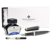 Diplomat Aero Stripes Black Fountain Pen with Stainless Steel Nib M and Fountain Pen Ink in Royal Blue (erasable) in a Chic Metal case