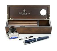 Diplomat fountain pen set Excellence A2 Midnight Blue Chrome with stainless steel nib M and fountain pen ink Royal Blue, writing set with a pen tray made of precious wenge wood