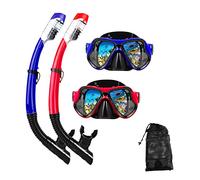 DIPUKI Adult Snorkeling Equipment, Snorkel Mask Set, Diving Mask, Dry Snorkel, Swimming Goggles, Nose Protection (Red + Blue (2 Pack))