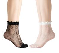 DIPZO 4 Pairs Women's Polka dots Sheer Socks - Transparent Lace Ruffle Pop Socks, See-Through Frilly Mesh Socks for Daily and Casual Styling