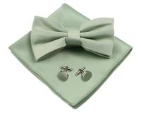 DIPZO Sage Green Pre-Tied Adjustable Bow Tie Set with Pocket Square and Cufflinks - Mens Tuxedo Formal Set