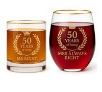 DIQUENEW 50th Anniversary Set for Couples, Stemless Wine and Whiskey Glass Set, 50 Years of Being Mr Right & Mrs Always Right, Wedding Present for Parents, Husband and Wife (50th Wine Set)