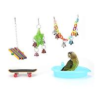 DIRBAK Juego de columpio colgante para masticar y morder con bañera, cuenco de alimentación, bloques coloridos, accesorio para jaula para mascotas pequeñas, madera natural, material ABS,