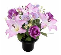 Direct Florist Supplies - Artificial Flower Grave Pot - Graveside Cemetery Memorial Arrangement - Colourful Spring Summer (Purple Lily Rose Alstro)