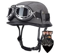 DIRERTYS Motorcycle Half Helmet,Motorcycle German Leather Half Face Helmet, DOT/ECE Approved Cap Half Shell Helmet+Goggles Retro Open-Face Helmet with Adjustable Quick Release Buckle