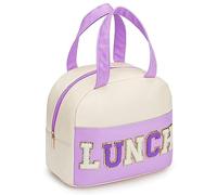 DIRGEE Lunch Bag for Women Insulated For Men PU leather Small Office Work lunch with Chenille Letters Leakproof Freezable Cooler Reusable Portable Box (White&Purple)