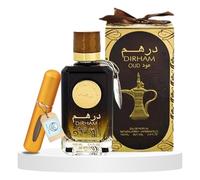 Dirham Oud 100ml Eau de Arabian Parfum with Mini Perfume Spray Bottle | Unisex Arabic Perfume Women & Oud for Men | Oriental Musky Sandalwood | Dubai Perfume and Atomisers | Arabian Perfume