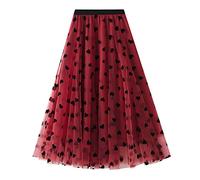 Dirholl Women's A-Line Fairy Elastic Waist Tulle Midi Skirt, Heart Red, One Size
