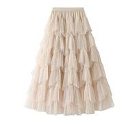 Dirholl Women's A-Line Fairy Patterned Elastic Waist Ruffle Tulle Layered Midi Skirt, Tutu Apricot, One Size