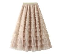 Dirholl Women's A-Line Fairy Patterned Elastic Waist Ruffle Tulle Layered Midi Skirt, Tutu B Apricot, One Size