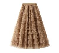 Dirholl Women's A-Line Fairy Patterned Elastic Waist Ruffle Tulle Layered Midi Skirt, Tutu B Khaki, One Size