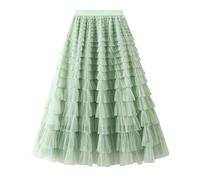 Dirholl Women's A-Line Fairy Patterned Elastic Waist Ruffle Tulle Layered Midi Skirt, Tutu B Light Green, One Size