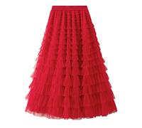 Dirholl Women's A-Line Fairy Patterned Elastic Waist Ruffle Tulle Layered Midi Skirt, Tutu B Red, One Size