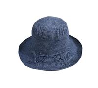 DIRKES Women Fashion Summer Crochet Straw Cap Sun Protection Raffia Wide Brim Foldable Straw Hats Navy Blue