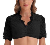 Dirndl Blouse Lace Short Sleeve White - Elegant & Exclusive Women's Dirndl Blouse Partially Transparent Thea Costume Women's Outfit Dirndl Blouse Women's Off-the-Shoulder Long Sleeve, F black, M