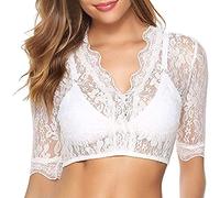 Dirndl Blouse Lace Short Sleeve White - Elegant & Exclusive Women's Dirndl Blouse Partially Transparent Thea Costume Women's Outfit Dirndl Blouse Women's Off-the-Shoulder Long Sleeve, [-White, XXL