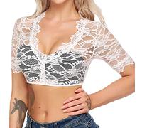 Dirndl Blouse Lace Short Sleeve White - Elegant & Exclusive Women's Dirndl Blouse Partially Transparent Thea Costume Women's Outfit Dirndl Blouse Women's Off-the-Shoulder Long Sleeve, K-white, S