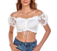 Dirndl Blouse Lace Short Sleeve White - Elegant & Exclusive Women's Dirndl Blouse Partially Transparent Thea Costume Women's Outfit Dirndl Blouse Women's Off-the-Shoulder Long Sleeve, X-white, 6XL