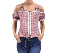 Dirndl Blouse Women's Costume Blouse Oktoberfest Outfit Red White Checked Short Sleeve Traditional Bavarian Costume Shirt with Lace Heart Buttons V-Neck Cap Sleeves Stand-Up Collar Traditional Shirt