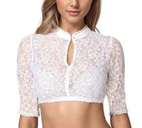 Dirndl Blouse Women's Transparent Dirndl Blouse Lace White Short Sleeve Elegant Costume Blouses High Closed with Special Cut-outs on the Chest Oktoberfest Blouse for Beer Festival Carnival