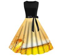 Dirndl Dress Women's Long Costume Dress Without Apron, Round Neck Cocktail Dress Sleeveless with Bow Floral Print Evening Dress High Waist Dirndl Complete Sets Bavarian Ball Dress Midi Dress for