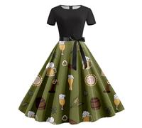 Dirndl for Women Traditional Dress Modern, A-Line Cocktail Dress Round Neck with Bow Swing Dirndl Dress Beer Printed Party Dress High Waist Midi Dress Bavarian Evening Dress Costume Skirt for