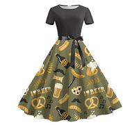 Dirndl for Women's Costume Dress without Apron, Round Neck Cocktail Dress A-Line with Bow Beer Printed Evening Dress Knee-Length Ball Dress Bavarian Dirndl Complete Sets Midi Dress for Oktoberfest