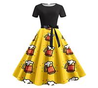 Dirndl Long Women's Oktoberfest Cocktail Dress, Short Sleeve, Knee-Length, A-line, Horn Swing, Formal Party Dress Skirt, Black Long Tight Dress (Yellow, XXL)