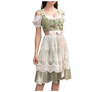 Dirndl Women's Modern Green Costume Dress Women's Midi Dirndl Dress Including Dirndl Blouse Dirndl Aprons 3-Piece Elegant Costume Skirt Trendy Costume Dresses Refined Bavarian Costume for Oktoberfest