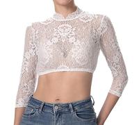 Dirndlparty Dirndl Blouse Lace High Closed Stand-Up Collar Dirndl Blouse Women's Long Sleeve 3/4 Sleeve White Cream Dirndl Blouses Traditional Blouse Oktoberfest Blouse for Dirndl, cream-26, 14