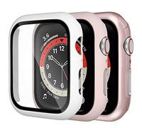 Dirrelo 3 Pack PC Case Compatible with Apple Watch Series 6/5/4/SE 44mm Tempered Glass Screen Protector, Full Cover Thin All-Around HD Protective Bumper Case for iwatch 6/5/4, White/Pink/Rose gold