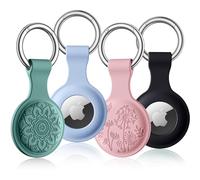 Dirrelo Holder Compatible with Apple AirTags Keyring, 4 Pack Flower Engraved Silicone Case, Scratch-Resistant Holder Keyring with Keychain for Keys Bags Luggage Pet Collars,A