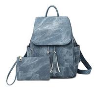 DIRRONA Women Backpack Casual Large Capacity Ladies Backpack PU Leather Lightweight Shoulder Bags Travel School Work Backpack with Tassel Blue