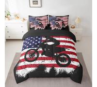 Dirt Bike Comforter Set 7 Pieces,Motocross Motorcycle Rider Bed Set,Vintage American Flag Bedding Bed in a Bag Soft,Twin (1 Comforter,2 Pillowcase,2 Pillow Covers,1 Flat Sheet,1 Fitted Sheet)