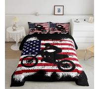 Dirt Bike Queen Bedding Set,Motorcycle Rider Comforter Set Reversible Bed Set Boys Men Bedroom Decor,Vintage American Flag 3 Pieces Quilt Set,Extreme Sports Tie Dye Duvet Insert,2 Pillow Cases