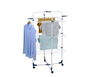 Dirt Devil Basin - approx. 30 kg load capacity - 3 tiers with 6 shelves - approx. 30 m washing line length - 4 hooks for hangers - rollers