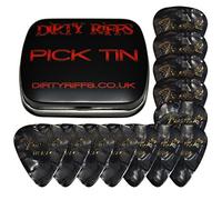 Dirty Riffs Handy Pick Tin with 12 x Black Moto - 4 x Thin, 4 x Medium, 4 x Heavy Celluloid 351 Style Guitar Picks/Plectrums