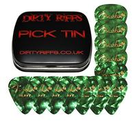 Dirty Riffs Handy Pick Tin with 12 x Green Moto - 4 x Thin, 4 x Medium, 4 x Heavy Celluloid 351 Style Guitar Picks/Plectrums
