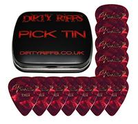 Dirty Riffs Handy Pick Tin with 12 x Red Moto Thin Celluloid 351 Style Guitar Picks/Plectrums